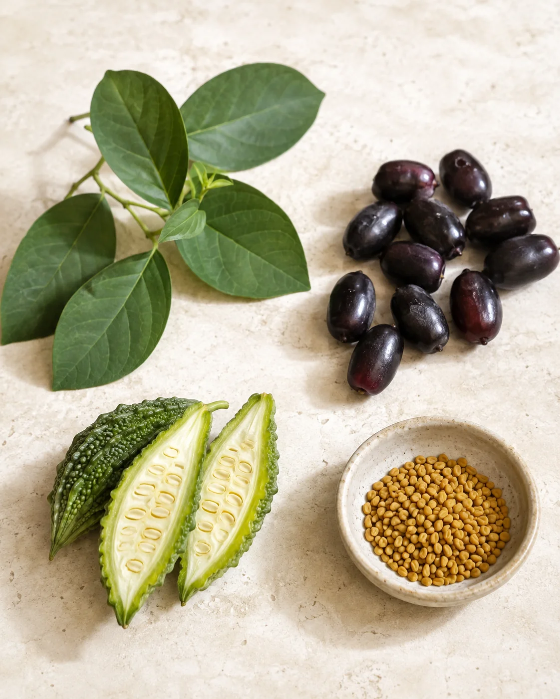 Botanical illustration of green leaves, jamun, bitter melon and fenugreek