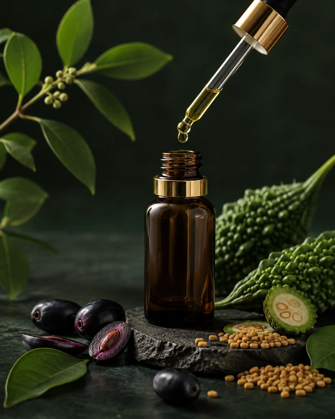 Illustrative amber dropper and botanical still life